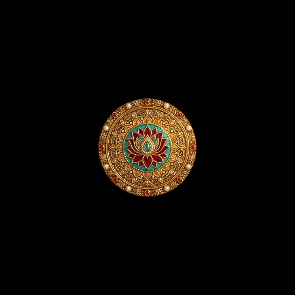 Middle Kundan medallion with pearl and ruby filigree rotating counter-clockwise