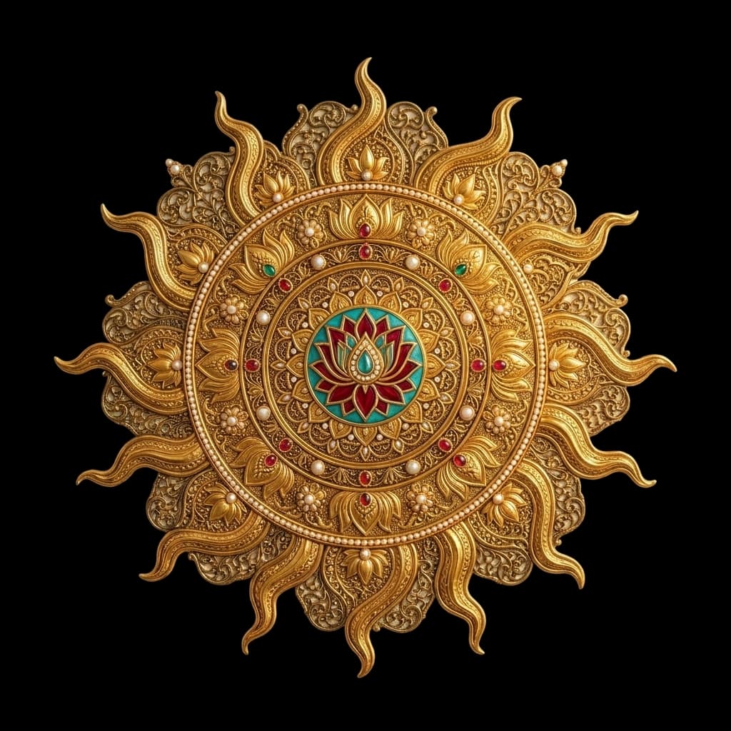 Royal Indian 24K gold Surya Chakra with rotating solar flames and pearl rims